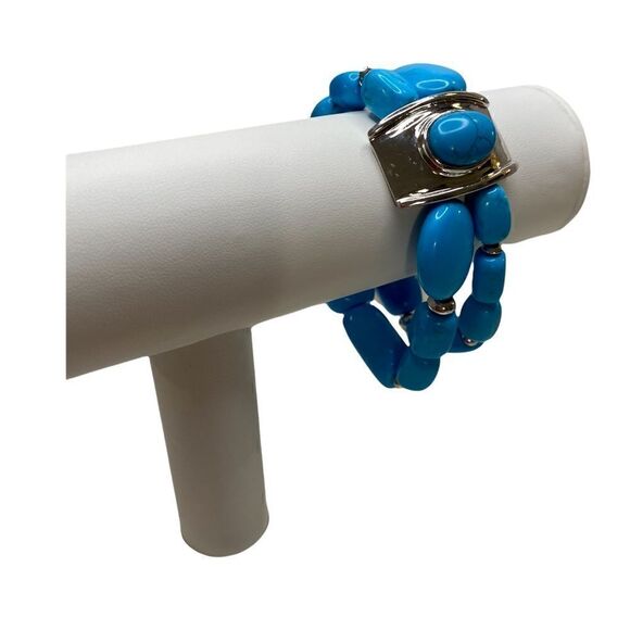 Faux Turquoise & Bright Silver Toned Stretch  Bracelet - Picture 6 of 7